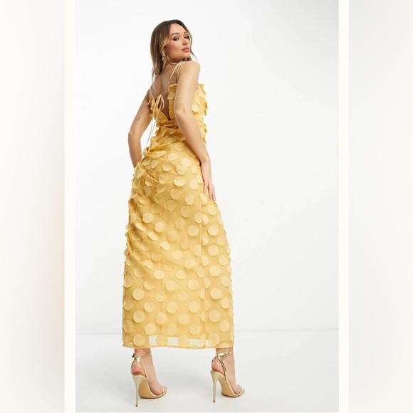 ASOS Thin Straps High Thigh Slit Cowl Neck Pale Yellow Textured Circle Dress - Picture 14 of 16